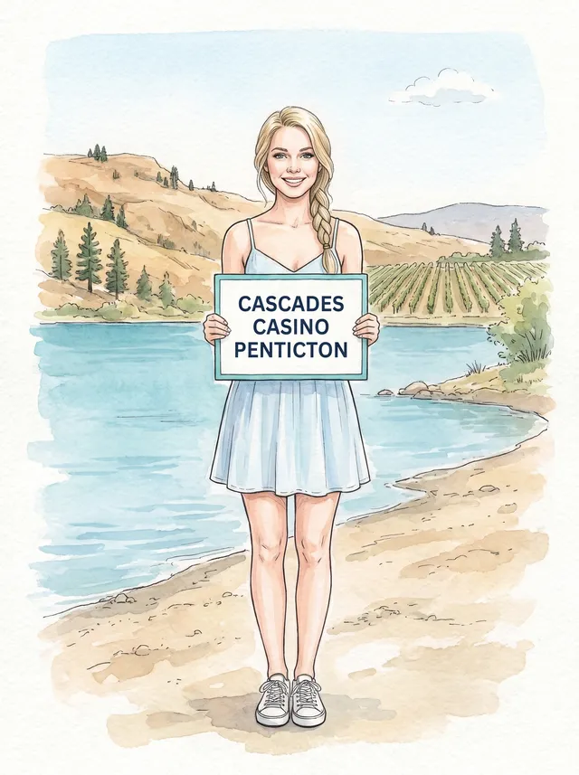 Watercolour illustration: the site character, a young woman with a blonde side braid in a short light-blue sundress, stands on a lakeshore with dry hills and vineyard rows behind her, holding a board that reads Cascades Casino Penticton.