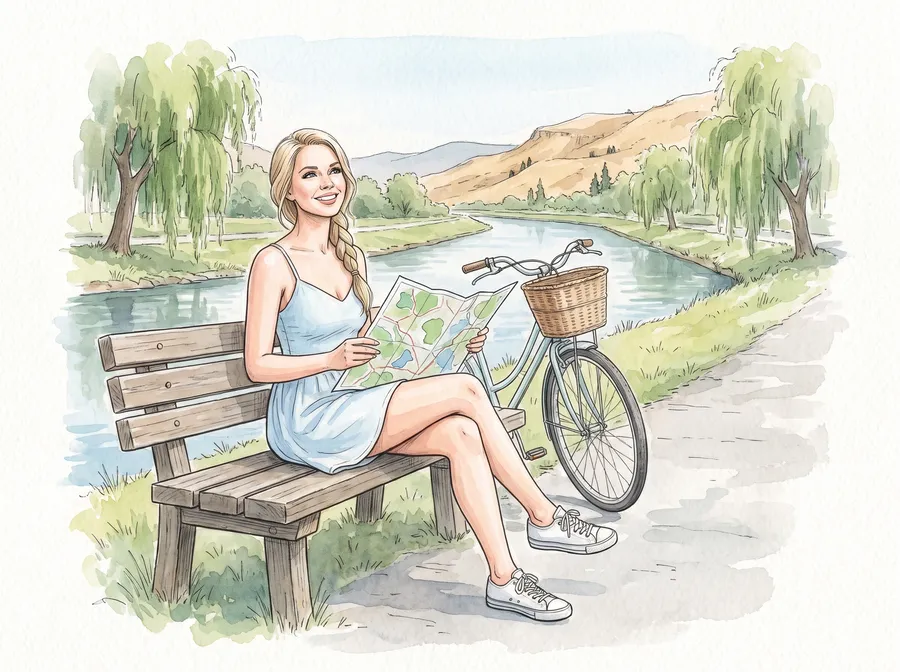 Watercolour illustration: the site character sits on a wooden bench by a river channel with willows, reading a paper map, a bicycle with a basket beside her.